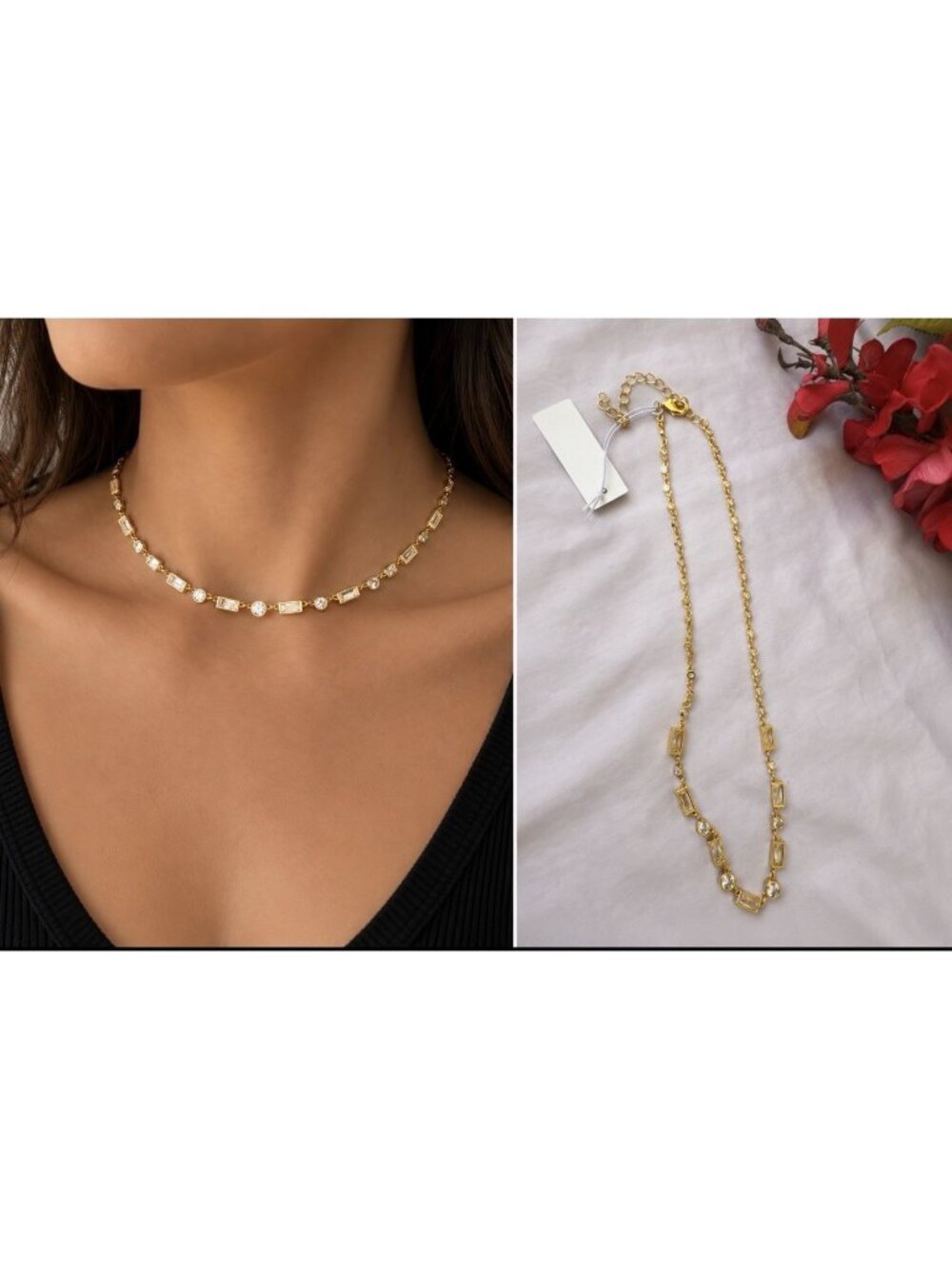 Sequin NYC Nordstrom Necklace Goldtone Dainty 15" Square Rhinestones Chains NEW